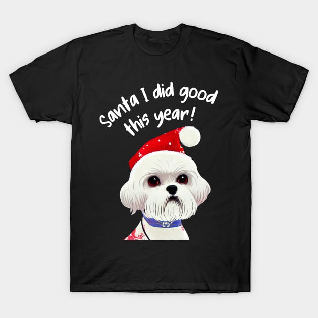 Funny Christmas Shih Tzu Wish You A Merry Xmas Crusty White Dog with Santa T-Shirt by Mochabonk